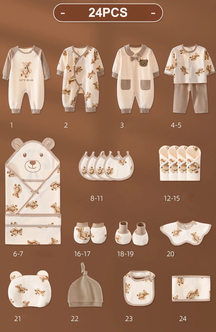 Une collection de 24 vêtements et accessoires pour bébé, dont Coffret Naissance en Coton | Nouveau-nés Douceur Assurée, dans des motifs coordonnés sur le thème de l'ours, présentés sur un fond beige chaud par BABY PREMA.
