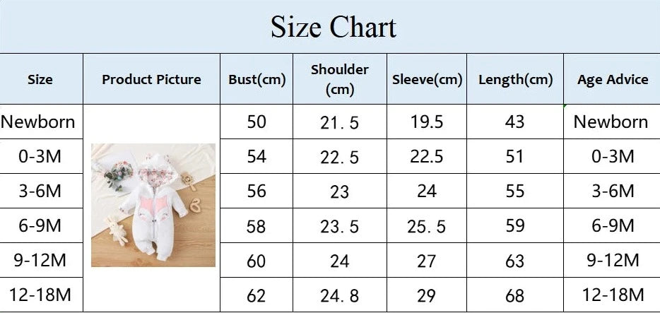 Un tableau des tailles pour les vêtements de bébé, y compris les adorables tenues Barboteuse Combinaison à Capuche de BABY PREMA, avec des colonnes pour la taille, l'image du produit et les mesures (buste, épaule, manche, longueur) en centimètres. Va du nouveau-né à 12-18 mois. Comprend une note sur les différences de taille potentielles dues à la mesure manuelle.