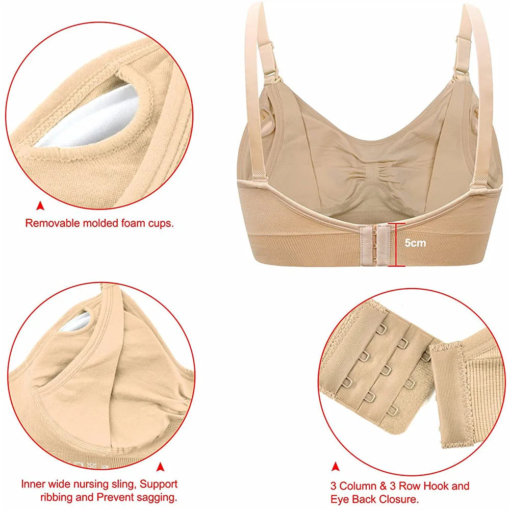 Un soutien-gorge d'allaitement beige doté de bonnets amovibles en mousse moulée, d'une large écharpe d'allaitement intérieure pour le soutien et pour éviter l'affaissement, et d'une fermeture à crochets à 3 colonnes et 3 rangées au dos pour un ajustement sécurisé du Soutien d'Allaitement de Maternité Elégant de BABY PREMA. .