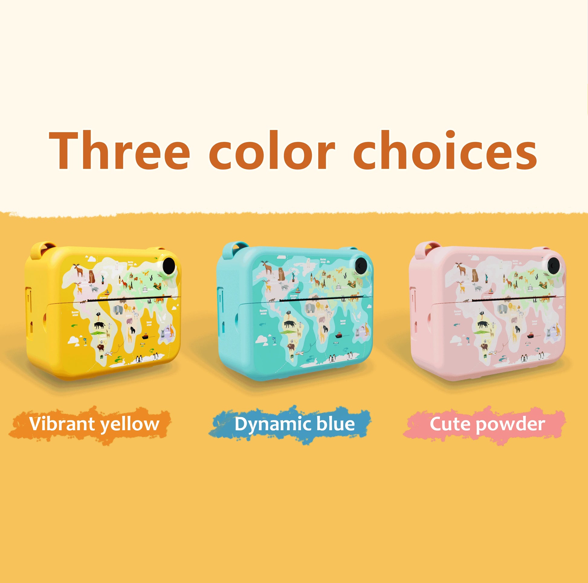 Trois petites caméras sont affichées, affichant les choix de couleurs disponibles : jaune vif, bleu dynamique et poudre mignonne. Chaque Appareil Photo à Impression Instantanée BABY PREMA présente un motif animal ludique, parfait comme cadeau pour les enfants.