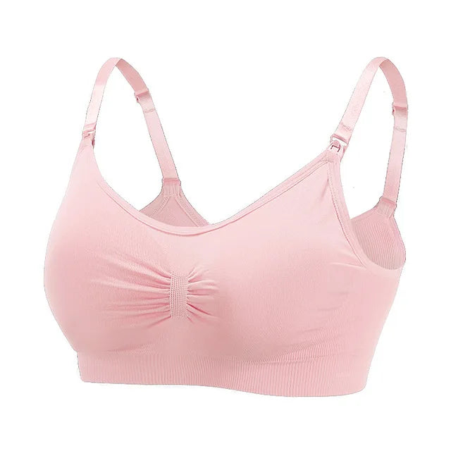 Un soutien-gorge Soutien d'Allaitement de Maternité Elégant sans fil rose tendre, sans couture, avec bretelles réglables et détails froncés au centre par BABY PREMA.