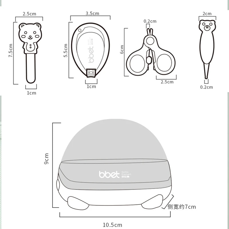 Une collection de dessins techniques illustrant le design et les dimensions de divers petits objets, dont un Kit Manucure de Soins pour Bébé BABY-PREMA, un appareil de toilette personnel, une paire de ciseaux, un objet fantaisiste.