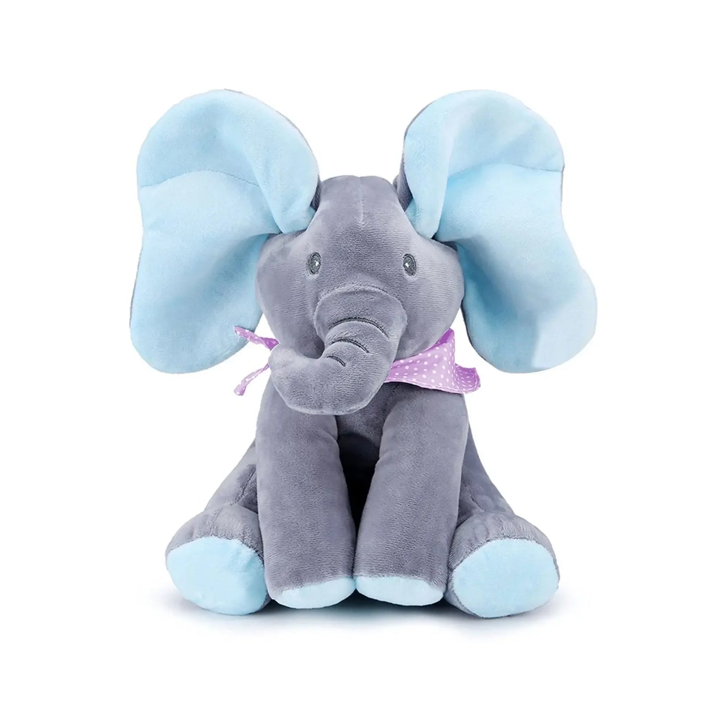 Un jouet éléphant BABY-PREMA doux et moelleux avec des oreilles bleues et un nœud papillon violet à pois, conçu pour les bébés prématurés et assis sur un fond blanc.