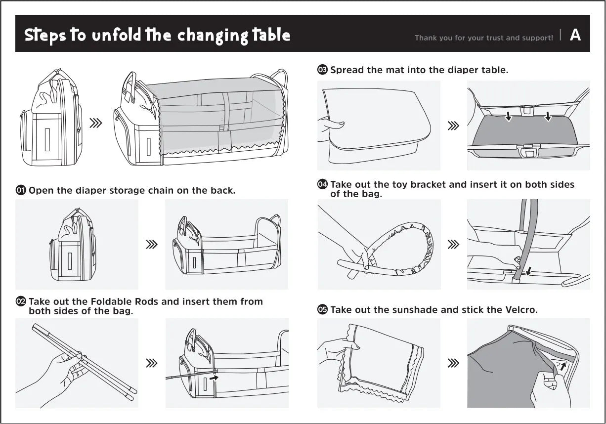 Manuel d'instructions illustré montrant les étapes pour déplier et mettre en place un BABY-PREMA Sac à Langer Connecté 3 en 1 | Versez Maman & Bébé pour votre "mon bébé.
