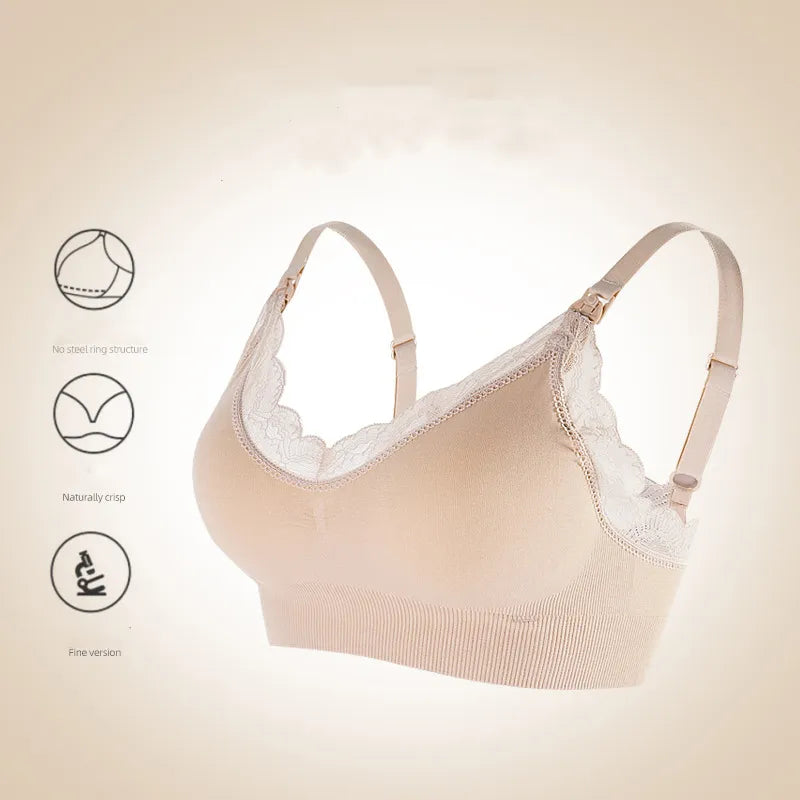 Un soutien-gorge Soutien Allaitement & Maternité sans fil beige bordé de dentelle de BABY PREMA avec des caractéristiques de maintien et un design minimaliste, présenté sur un fond neutre avec des icônes indiquant sa structure non extensible, sa forme naturelle et son savoir-faire raffiné.