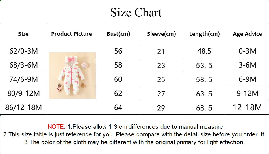 Un tableau des tailles pour les vêtements de bébé présentant les tailles de 0 à 3 mois à 12 à 18 mois. Il comprend des colonnes pour l'image du produit, le buste (cm), les manches (cm), la longueur (cm) et les conseils d'âge. Un exemple de Combinaison à Capuche Pour Bébé BABY PREMA avec un motif floral est présenté. Parfait pour sélectionner des vêtements d'hiver pour bébé.