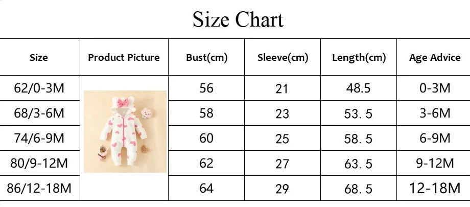 Un tableau des tailles pour les vêtements pour bébé indiquant les tailles 62/0-3M, 68/3-6M, 74/6-9M et 86/12-18M. Le tableau comprend les mesures du buste, des manches et de la longueur en centimètres avec des recommandations d'âge. En vedette, la Combinaison à Capuche BABY PREMA Barboteuse avec un motif floral rose. Parfait comme salopette hiver ou combinaison nouveau.