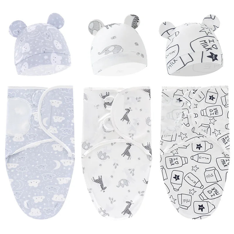 Ensemble de six chapeaux pour bébé et langes assortis avec de jolis imprimés d'animaux et fantaisistes dans une palette de couleurs monochromes. Ces accessoires BABY PREMA pour bébés assurent à la fois confort et hygiène.