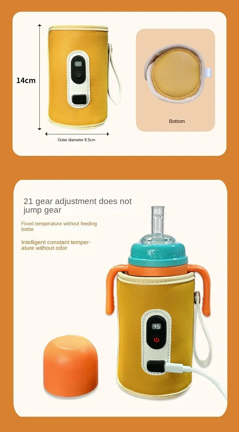 Image d'un Chauffe-Biberon Portable & Résistant de BABY-PREMA avec un couvercle jaune doté d'un affichage numérique et d'un bouton d'alimentation. Cet accessoire portable indispensable a un diamètre extérieur de 8,5 cm et une hauteur de 14 cm, présenté sous différents angles, notamment vue de dessous, vue de dessus avec couvercle retiré et vue latérale avec couvercle orange.