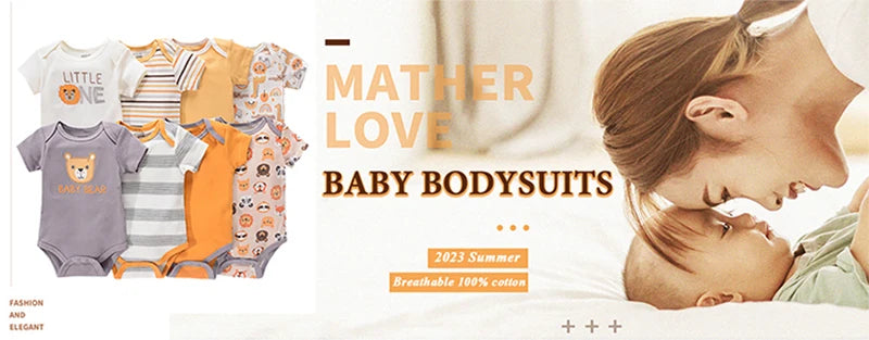 Un assortiment de bodys pour bébés est présenté à côté d’une femme touchant doucement le front d’un bébé. Le texte indique « Lot de 4 Bodies Bébé Couleurs été BABY PREMA 2023 Summer Respirant 100% Coton Doux.