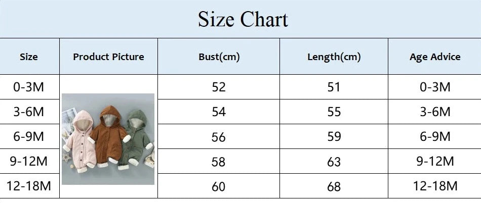 Un tableau des tailles pour les vêtements pour bébé comprenant les tailles 0-3M, 3-6M, 6-9M, 9-12M et 12-18M. Le tableau comprend les mesures de buste et de longueur en centimètres, ainsi que des conseils sur l'âge. Remarque : variations possibles de taille et différences de couleur dues à la lumière. Parfait pour sélectionner la bonne combinaison à capuche ou salopette BABY PREMA Barboteuse.