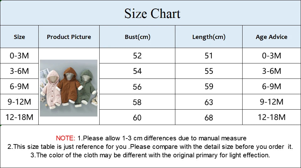 Tableau des tailles pour les vêtements pour enfants indiquant les tailles 0-3M, 3-6M, 6-9M, 9-12M et 12-18M. Les colonnes détaillent le buste correspondant en cm, la longueur en cm et les conseils d'âge. La note ci-dessous mentionne d'éventuelles différences de mesure, des écarts de couleur et une photo du produit avec des tenues à capuche et la Combinaison Epaisse Bébé de BABY PREMA.