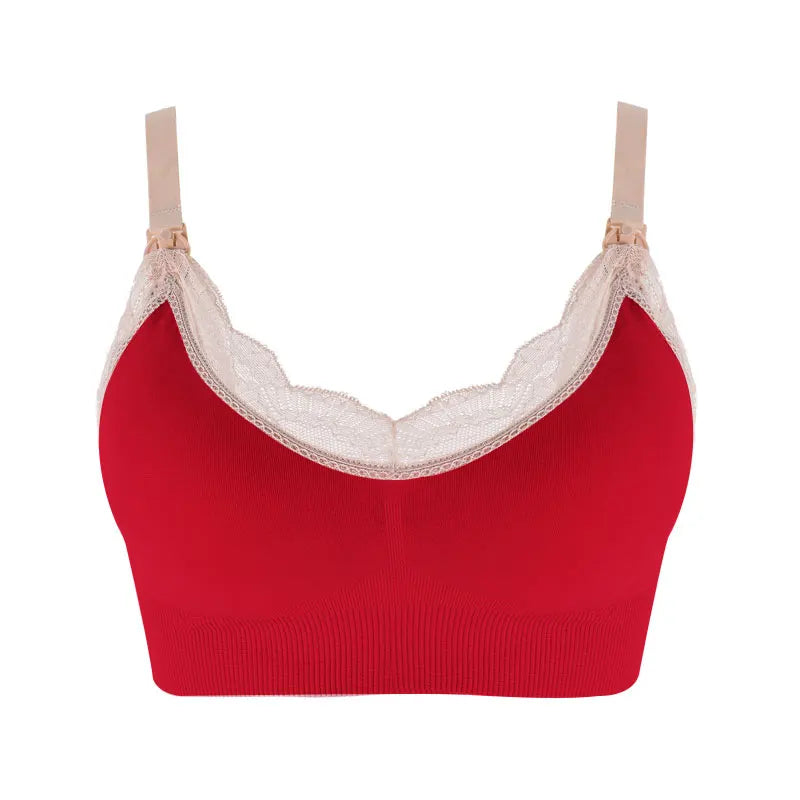 Un petit soutien-gorge Soutien Allaitement & Maternité rouge avec détails en dentelle et bretelles réglables isolé sur fond blanc par BABY PREMA.