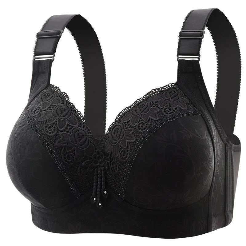 Élégant soutien-gorge en dentelle noire avec bretelles de maintien et détails délicats, avec construction poids léger : Soutien de Luxe en Dentelle de BABY PREMA | Sans Armature en Bambou.