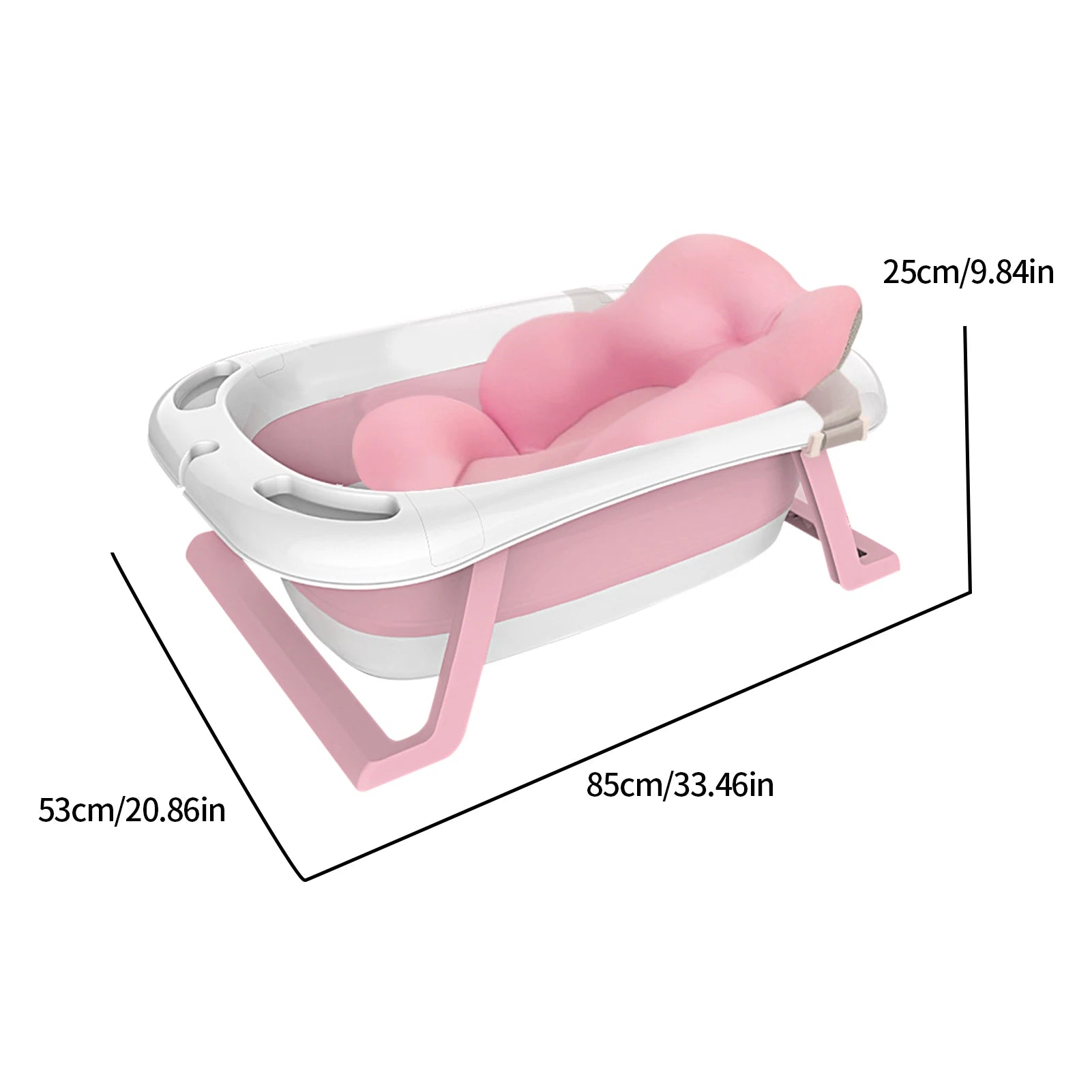 Baignoire Pliable pour Bébé compacte et portable en blanc et rose avec des dimensions étiquetées, avec un intérieur profilé pour le soutien du bébé par BABY PREMA.
