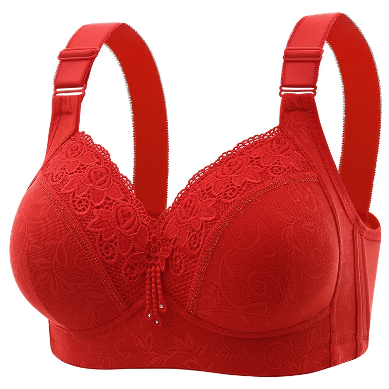 Soutien-gorge de maternité en dentelle rouge avec motif floral et bretelles de maintien sur fond blanc. Soutien de Luxe en Dentelle | Sans Armature en Bambou par BABY PREMA.