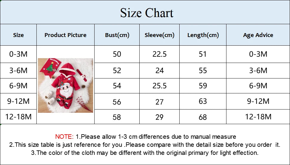 Un tableau des tailles affichant les tailles 0-3M, 3-6M, 6-9M, 9-12M et 12-18M pour la Combinaison Epaisse Bébé de votre BABY PREMA. Il comprend les mesures correspondantes pour le buste, les manches et la longueur en centimètres, ainsi que des photos du produit et des conseils sur l'âge. Une note sur les différences de mesure manuelle et les variations de couleur est incluse.