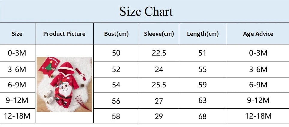 Un tableau des tailles pour les vêtements de bébé de 0 à 3 mois à 12 à 18 mois, détaillant le buste, les manches, la longueur en cm et des conseils sur l'âge. Le tableau présente trois photos de produits : une tenue sur le thème des vacances et deux autres montrant une Barboteuse Combinaison à Capuche de BABY PREMA. Une note en bas met en garde contre les différences de taille.