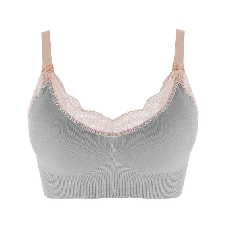 Soutien-gorge de grossesse Gris Soutien Allaitement & Maternité avec détails en dentelle et bretelles réglables sur fond blanc de la marque BABY PREMA.