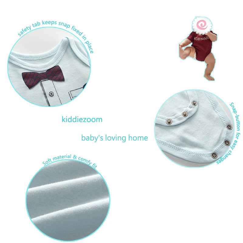 Image présentant les caractéristiques d'un Pack de 5 Bodies Coton Doux Bébé de BABY PREMA. Les points forts incluent une languette de sécurité pour les boutons-pression, des boutons-pression pour un changement facile des couches, un corps doux en coton et un ajustement confortable, ce qui en fait un cadeau de naissance idéal pour bébé.