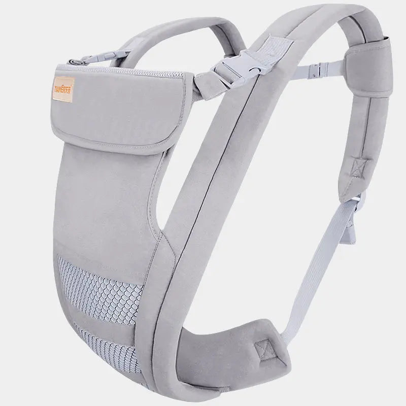 Porte-bébé ergonomique Kangourou de Portage Bébé gris avec bretelles réglables et panneau latéral en mesh pour la respirabilité, parfait pour un bébé prématuré de BABY PREMA.