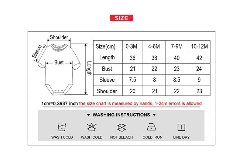 Tableau des tailles et instructions de lavage pour une combinaison pour bébé, y compris les mesures des épaules, du buste, des manches et de la longueur pour différentes tranches d'âge. Fabriqué à partir d'un pack de 5 corps | Coton Doux Bébé de BABY PREMA avec des symboles d'entretien indiquant laver à froid, ne pas blanchir, repasser à froid et sécher à l'air libre. Un cadeau parfait pour les nouveaux parents.