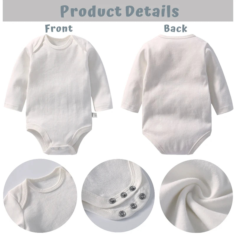 Un Body Manches Longues en coton blanc de BABY-PREMA est présenté de face et de dos. Les images en gros plan mettent en valeur le décolleté, les fermetures à pression en bas et la texture du tissu. Le texte « Détails du produit » s'affiche en haut. Ce Body coton Manches Longues est un cadeau parfait pour nouveau-né.