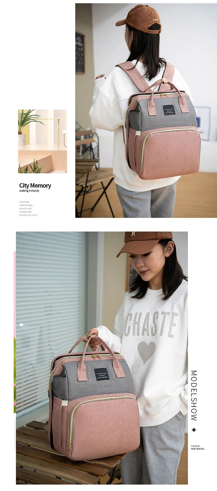 Un collage présentant un élégant Sac à Langer Bébé Marron avec sac à dos USB de BABY PREMA. L'image du haut montre une femme tournée vers la caméra, portant le sac à dos sur une épaule dans un espace intérieur confortable, suggérant un moment intime.