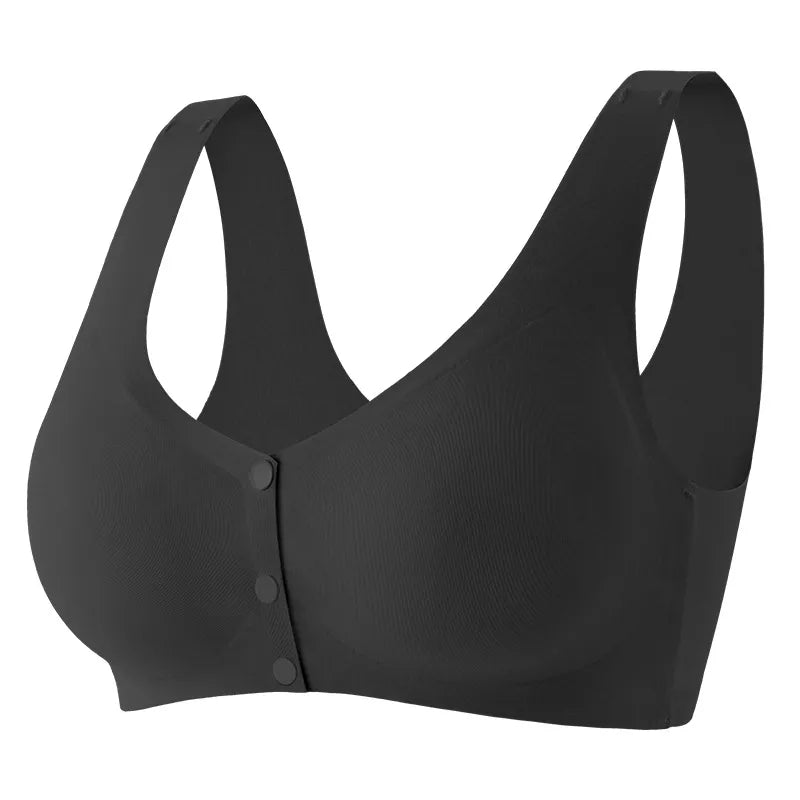 Un soutien-gorge de sport de grossesse noir avec fermeture sur le devant sur fond blanc Soutien d'Allaitement Doux et Confortable de Babay Prema.