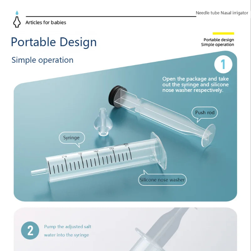 Un graphique promotionnel présentant un kit d'irrigateur nasal portable BABY-PREMA pour bébés prématurés, soulignant son fonctionnement simple avec une seringue, un poussoir, un rondelle nasale en silicone et un tube en silicone. Les étapes d'utilisation sont décrites.