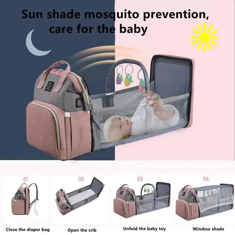 Un sac à langer multifonctionnel BABY-PREMA qui se transforme en un berceau portable avec parasol et moustiquaire, conçu pour des soins pratiques du nourrisson en déplacement. Sa conception poids léger assure un transport facile pour chaque parent.