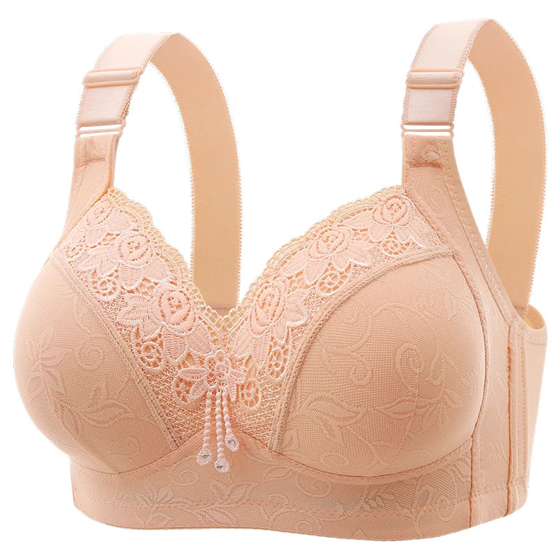 Élégant soutien-gorge en dentelle beige avec bretelles de maintien et détails de broderie délicats, conçu en petite taille, Soutien de Luxe en Dentelle sans Armature en Bambou de BABY PREMA.