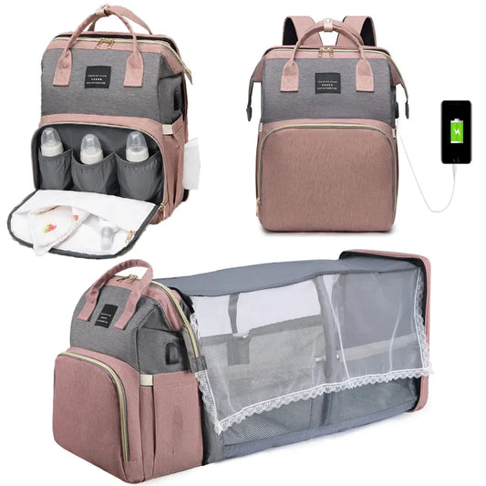 Un sac à langer BABY PREMA multifonctionnel 3 en 1 avec porte-biberons intégrés, un port de chargement et un matelas à langer dépliable pour la maternité.