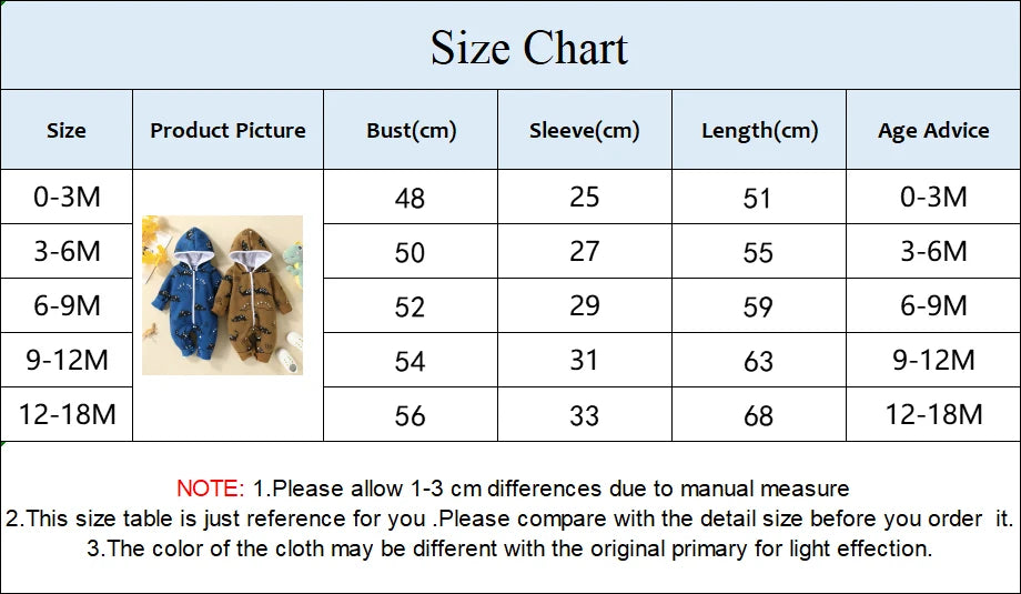 Tableau des tailles pour les vêtements d'hiver pour bébé pour enfants, détaillant les tailles de 0 à 18 mois avec des photos du produit, y compris une jolie **Combinaison à Capuche Pour Bébé** de **BABY PREMA**. Les colonnes répertorient les tailles, le buste, les manches, la longueur en centimètres et les conseils d'âge. Une note conseille d'autoriser des différences de 1 à 3 cm en raison de la mesure manuelle.