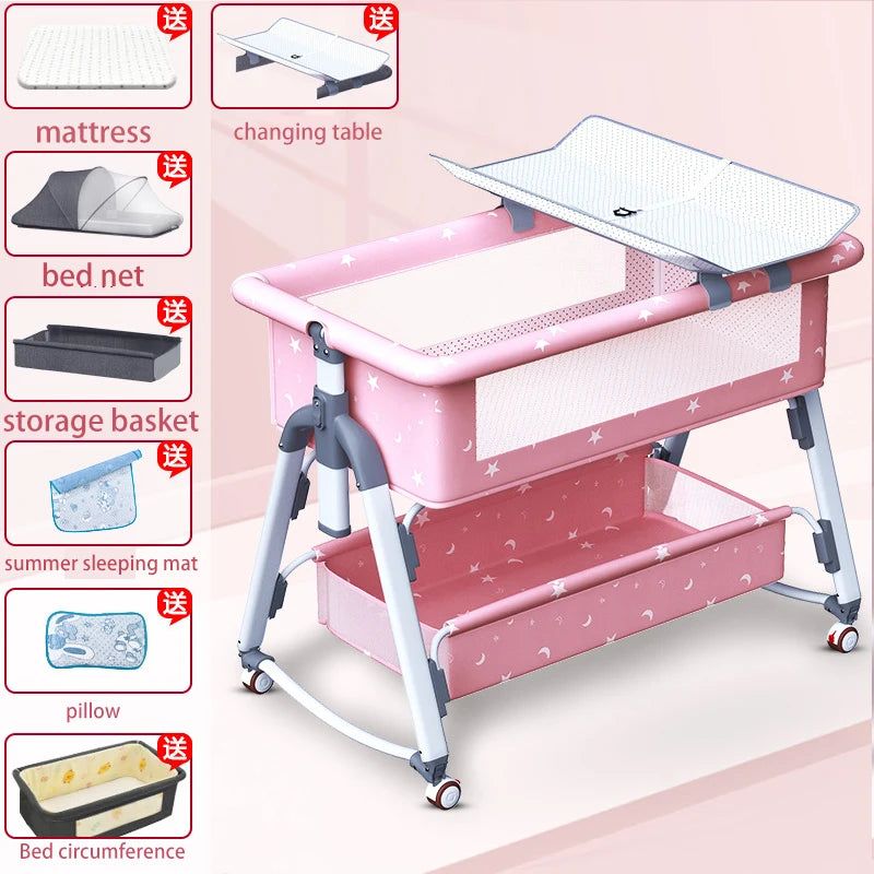 Lit Bébé Multifonction Pliant de BABY PREMA, avec divers accessoires, comprenant un matelas, une table à langer, un filet de lit, un panier de rangement, un matelas d'été, un oreiller et un ciel de lit réglable pour votre bébé.