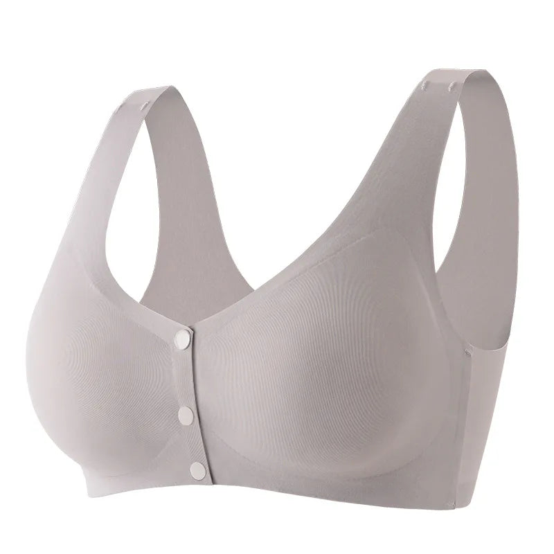 Soutien-gorge Gris sans couture à fermeture frontale Soutien d'Allaitement Doux et Confortable de BABY PREMA isolé sur fond blanc.