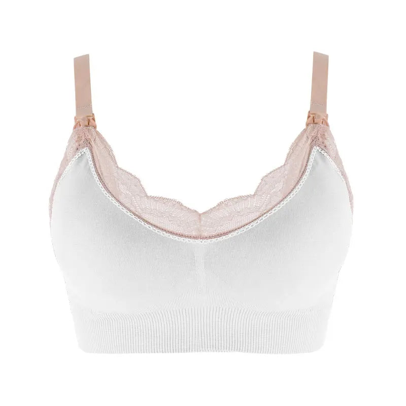 Une élégante bralette Soutien Allaitement & Maternité blanche avec une bordure en dentelle délicate et des bretelles réglables rose tendre, présentée sur un fond neutre, conçue pour ressembler à un panache en poids léger et confortable.