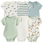 Six combinaisons pour bébé avec différents motifs et couleurs, notamment des rayures, du vert uni et des imprimés de dinosaures, sont soigneusement disposées sur deux rangées. Ce Lot 6 Body Coton Bébé Manches Courtes de BABY PREMA est parfait pour votre bébé.