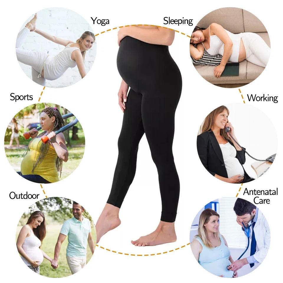 Une infographie présentant le Legging de Grossesse Taille Haute de BABY PREMA et leur polyvalence pour différentes activités telles que le yoga, le sommeil, le travail, le sport, les activités de plein air et les soins prénatals, conçus pour le confort pendant la grossesse avec un poids léger.