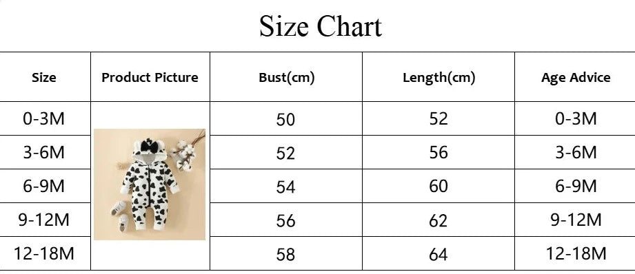 Un tableau des tailles pour les vêtements de bébé affiche les tailles (0-3M, 3-6M, 6-9M, 9-12M, 12-18M) avec les mesures de buste (cm) et de longueur (cm) correspondantes et des conseils d'âge. Une image présente l'un des produits : une charmante Barboteuse Combinaison à Capuche de BABY PREMA.