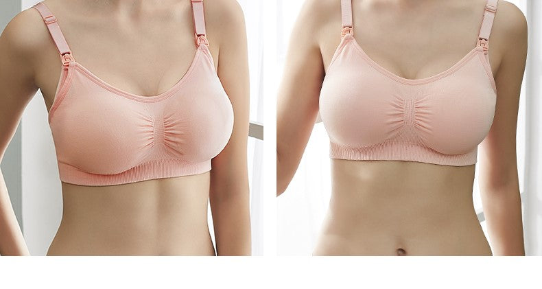 Deux images côte à côte montrant la vue de face d'une femme portant un soutien-gorge BABY PREMA Soutien Allaitement doux Uni de couleur pêche, conçu pour illustrer la coupe ou le style du soutien-gorge.