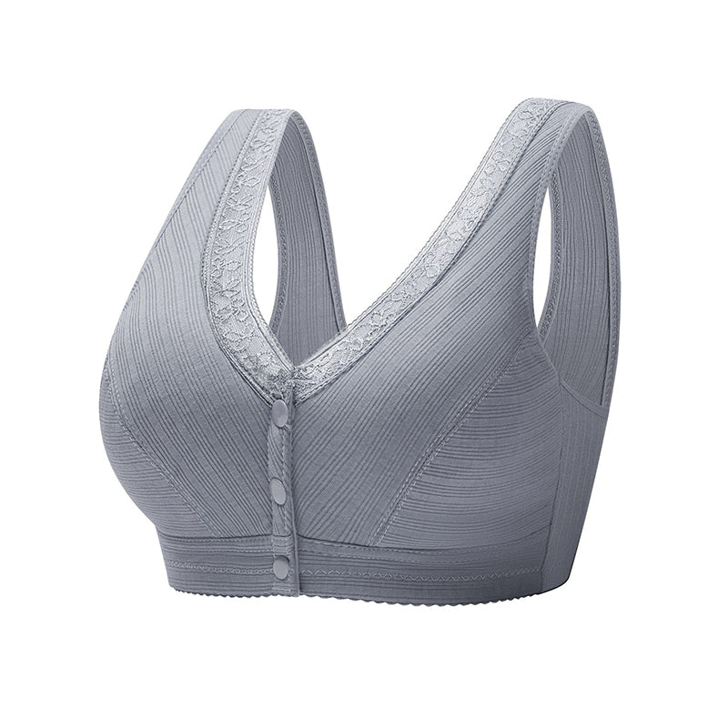 Soutien-gorge de sport gris avec détails en dentelle et fermeture sur le devant sur fond blanc, caractérisé par un design poids léger.
Soutien Allaitement doux élégant - Baby Prema par BABY PREMA.