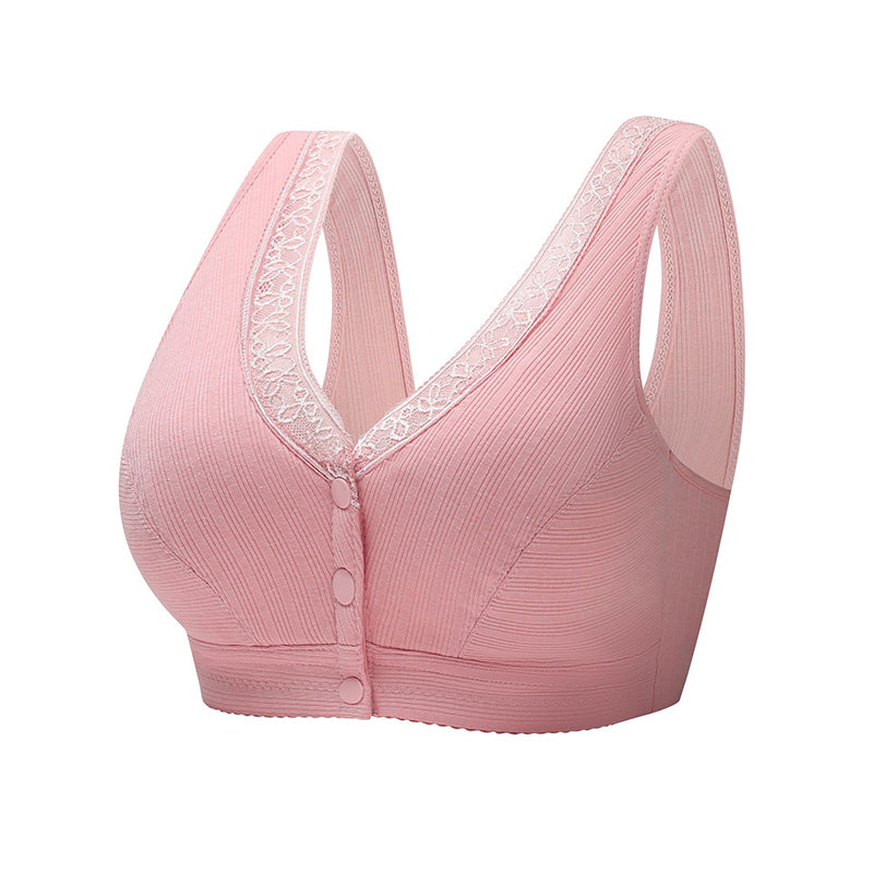 Un soutien-gorge de maternité sans fil rose avec fermeture sur le devant et détails en dentelle, le Soutien Allaitement doux élégant de BABY PREMA.