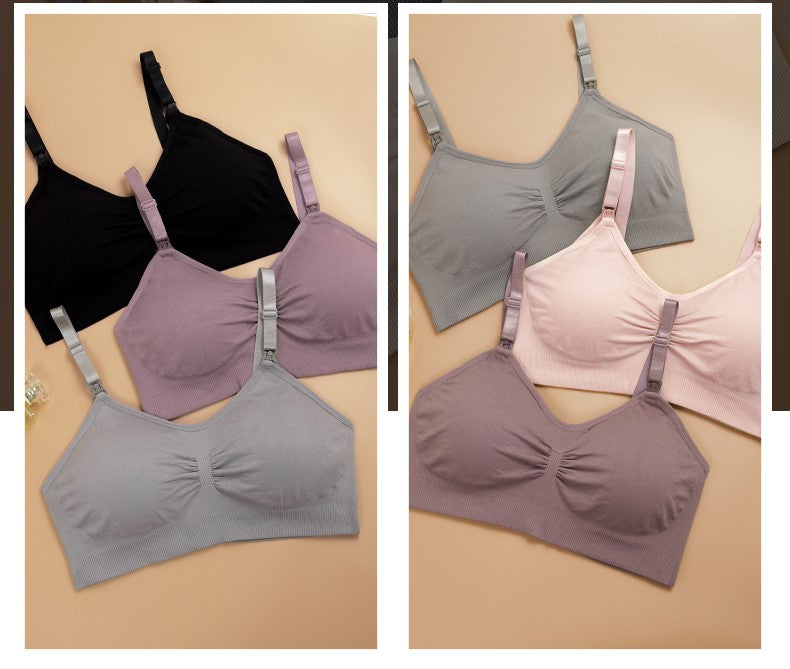 Un assortiment de soutiens-gorge BABY PREMA Soutien Allaitement doux Uni dans différentes couleurs et styles soigneusement présentés sur un fond bicolore, mettant en valeur les options de confort et de variété dans les sous-vêtements pour femmes pour les petites.