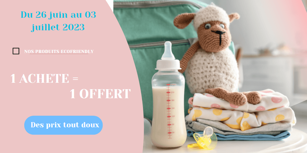 Une bannière de promotion accueillante et douce, mettant en vedette des Cartes Cadeaux Naissance pour bébé, avec un jouet chien crocheté, un biberon BABY-PREMA.