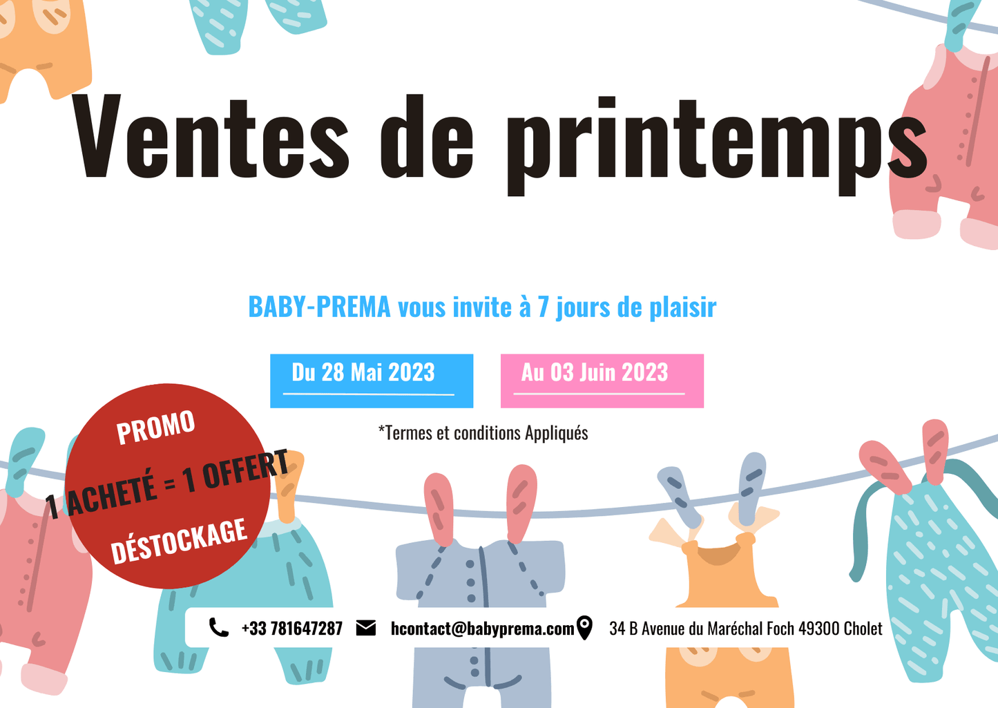 Bannière colorée de soldes de printemps présentant les vêtements et accessoires pour bébé Carte Cadeaux Naissance BABY-PREMA avec une offre promotionnelle « achetez-en un, obtenez-en un gratuit », avec les détails de l'événement pour un événement de shopping du 28 mai au 3 juin