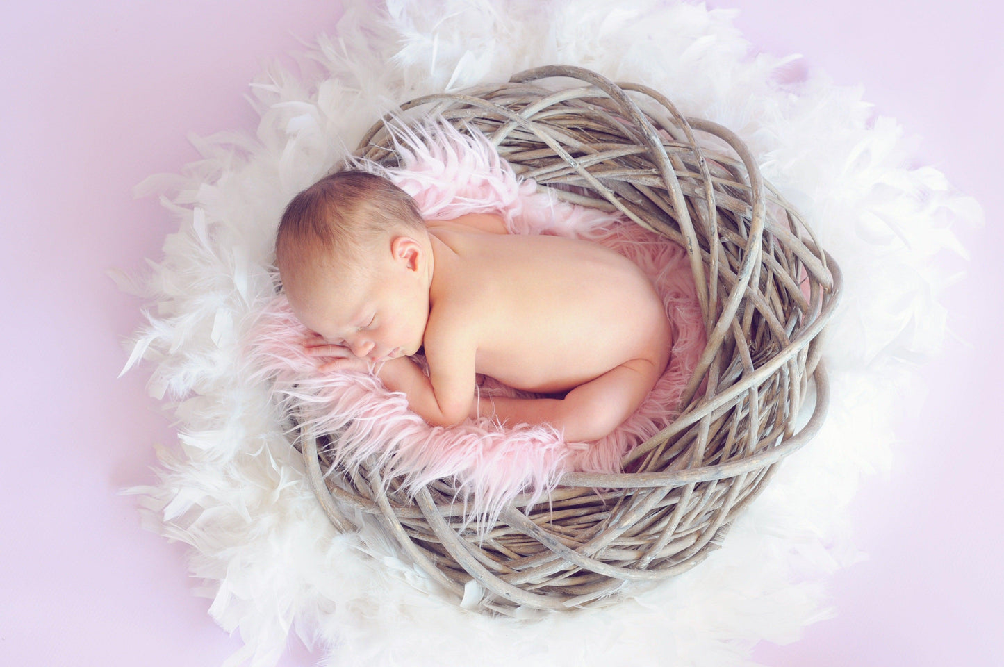 Un nouveau-né paisible dort dans un nid tressé entouré de plumes douces et blanches et de délicats accessoires pour bébé sur fond rose pastel avec la Carte Cadeaux Naissance BABY-PREMA.